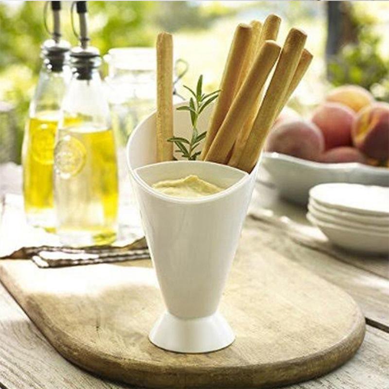 Fries Shelf Holder Assorted Sauce Chips Dip Snack Cone Stand Plastic Dip Cup Two Cup-Mouth Tableware Tray Container Kitchen Tool