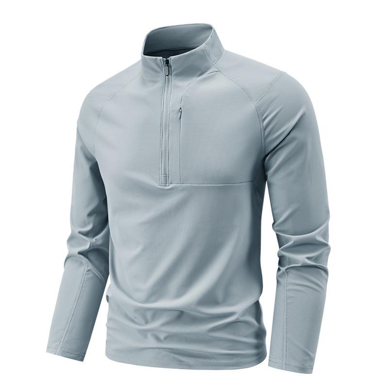 Polo da uomo a maniche lunghe con mezza zip, ad asciugatura rapida, in seta ghiacciata, per fitness e corsa
