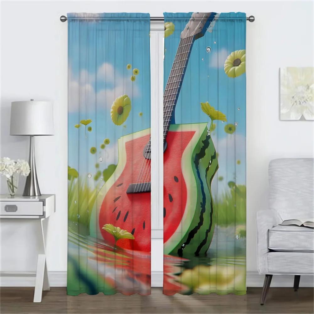 Cortina de janela de guitarra de melancia para sala 2 painéis cortinas anti-mosquito cortinas divisórias decoração de halloween tule para quarto