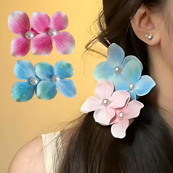 2 Stück Sommer-Haarnadel Farbverlauf Hortensie Doppelblüten-Design Imitation Perlenverzierung Haarspange Pony Seitenhaar Sommer-Haarschmuck