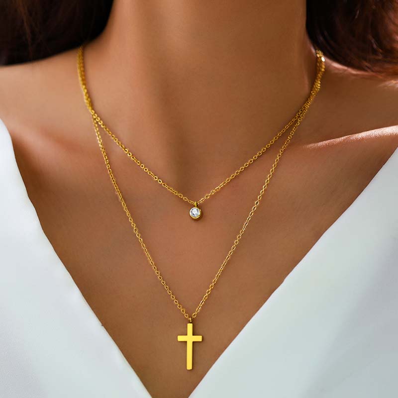 Stainless Steel Gold Color Cross Pendant Necklaces For Women Fashion Metal Double-layer Chain Necklace Zircon Gift