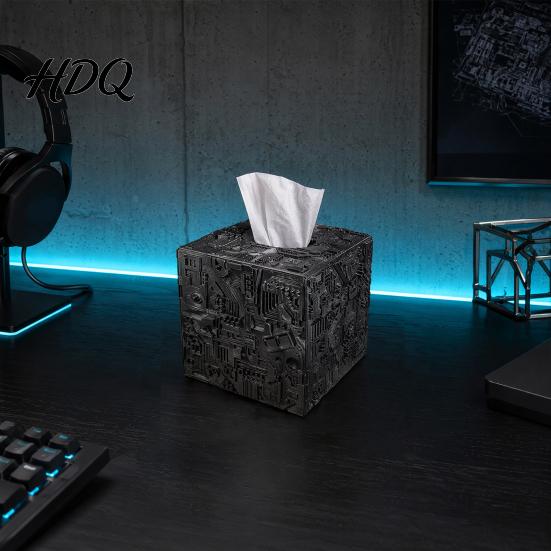 Matte Gray Tissue Holder Sci-fi Theme Box with Smooth Paper Extraction Large Capacity Cubic Design Towel Extraction Organizer Hard Shell