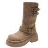 Mode Vintage Tjocka Klackar Dam Moderna Stövlar Mode Bältesspänne Damer Casual Slip-On Moderna Mid-Calf Botas