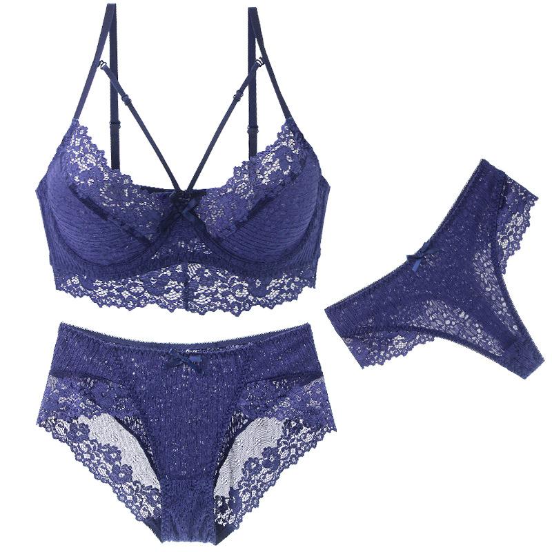 Plus Size Sexy Lingerie Three-Piece Set Lace Trim Breathable Ultra-Thin Bra Set Push-Up and Shaping Bra Skin-Friendly and Comfortable Panties