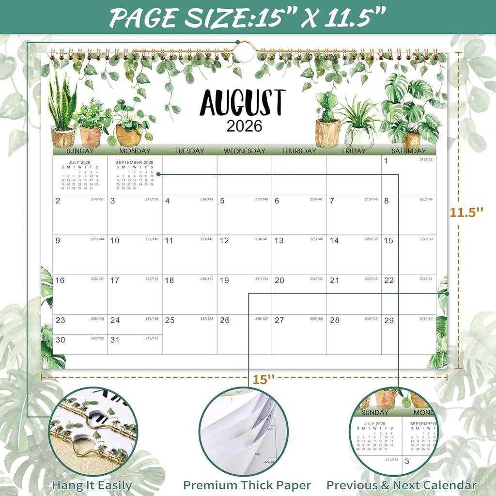 2026 Calendar - 2026 Wall Calendar, Jan. 2026 - Dec. 2026, 12-Month Calendar, 15" x 11.5", Twin-Wire Binding + Hanging Hook + Thick Paper + Unruled