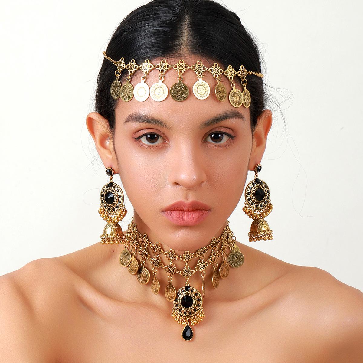 

Cross-Border Luxury Ancient Coin Jewelry Set: Indian Style Forehead Chain, Earrings, Necklace чёрный