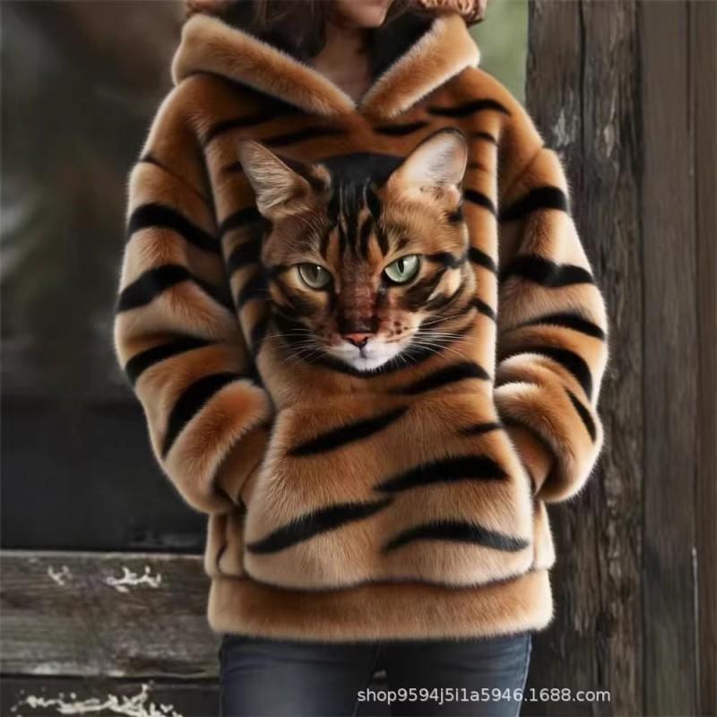 Womens Fleece Hoodie With 3D Cat Print Long Sleeve Thick Warm Sweatshirt Street Style Winter 2025