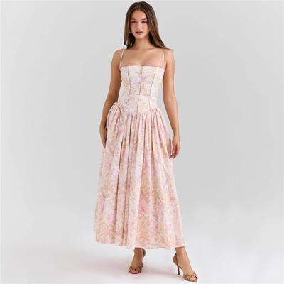 New Summer Dress Lottery Casual Loose Elegant Fashion Printed Holiday Style Suspender Backless Sleeveless High Waist Long Dress