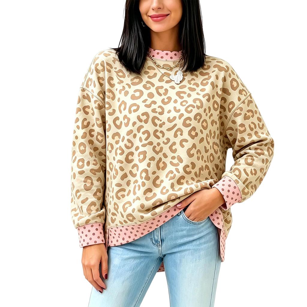 Women's Loose Fit Neck Sweatshirt with Leopard Print and Polka Dot Color Block for Fall