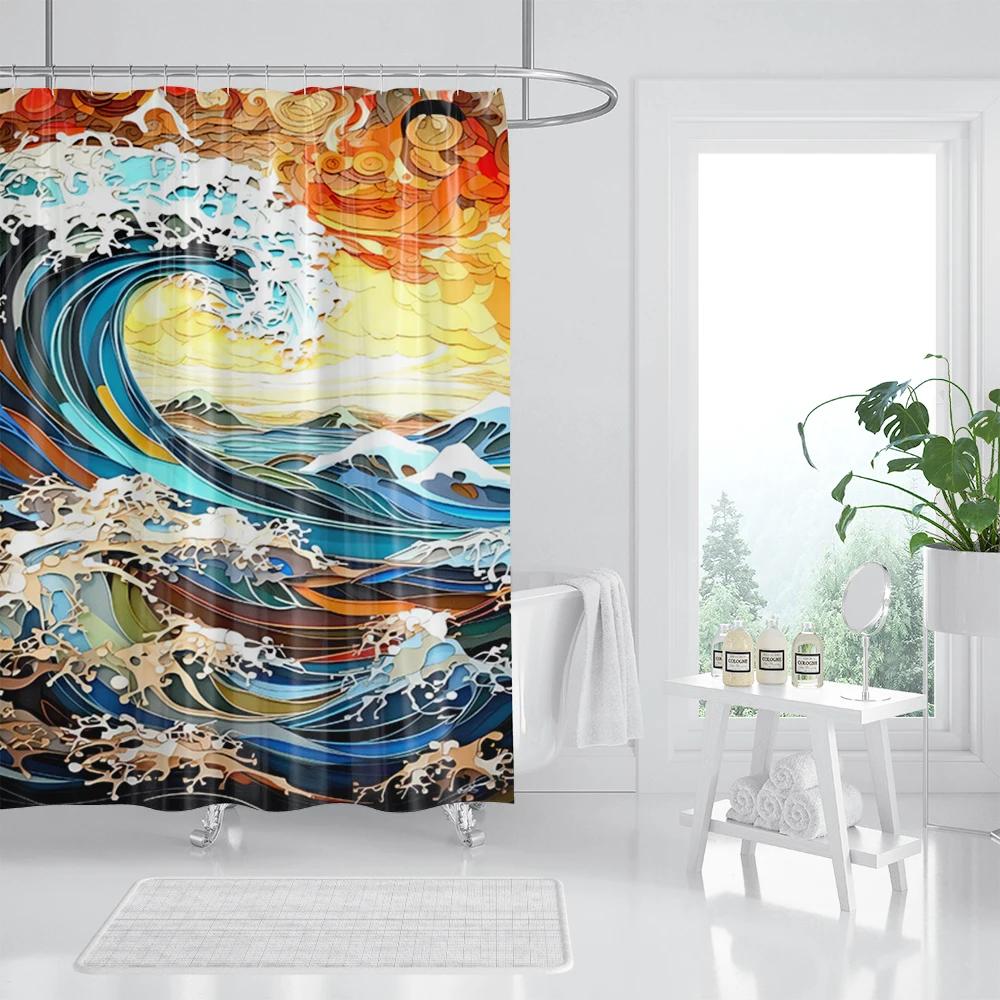 

Japanese-style Waves 3D Printing Shower Curtain With Hooks Home Decoration Bathroom Curtains Waterproof polyester Fabric W90XH180cm