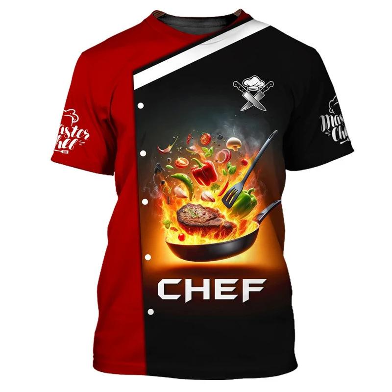 Chef Workwear 3D Printed Cooking Graphic T Shirts Chef Uniform Short Sleeved Harajuku Chef Fashionable Round Neck Top for Men