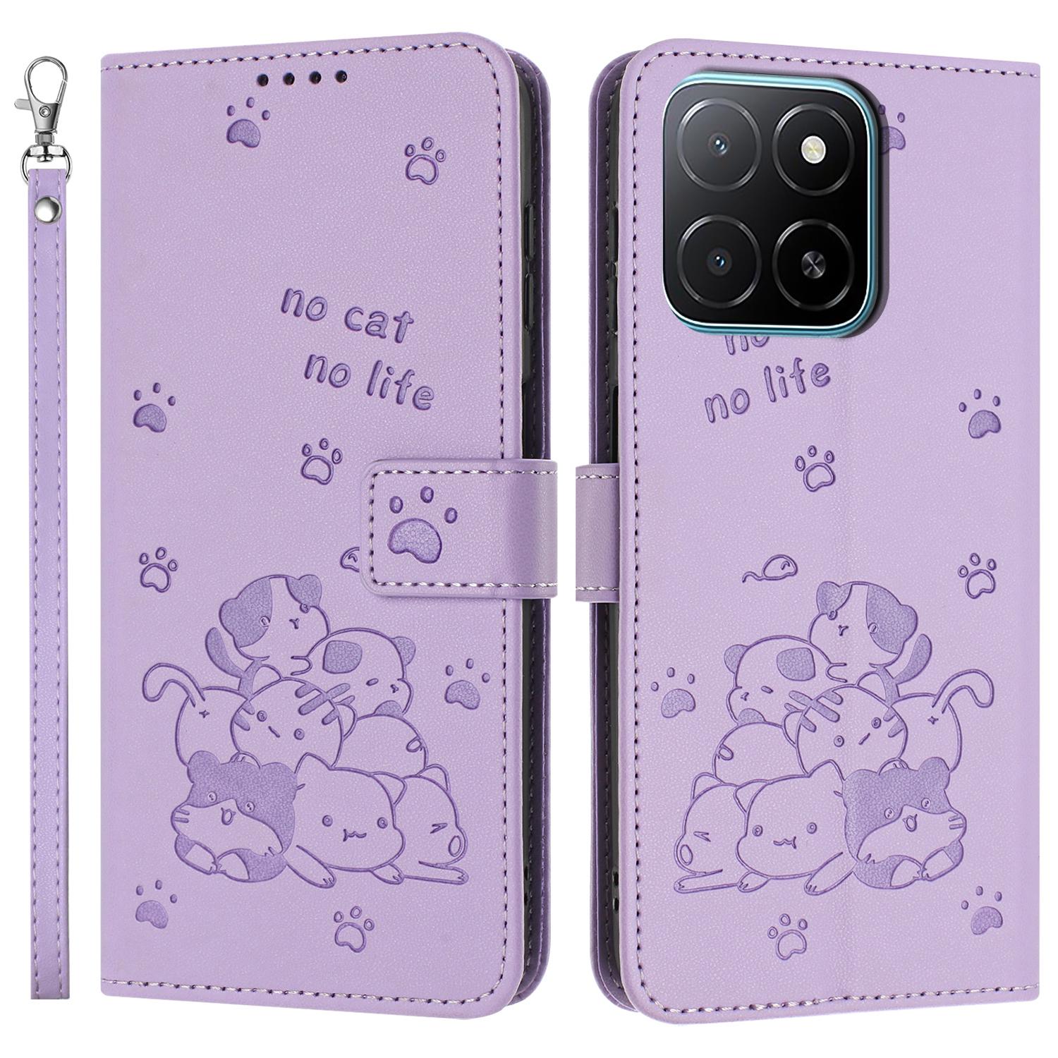

For Honor X5b/X5b Plus Case with Strap Cats Imprint Leather Wallet Phone Cover Purple