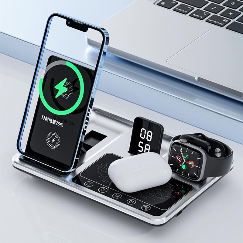 R11 Multifunctional 4 in 1 Wireless Charger Folding Portable Charging Station with Digital Display,White Light,Time Function