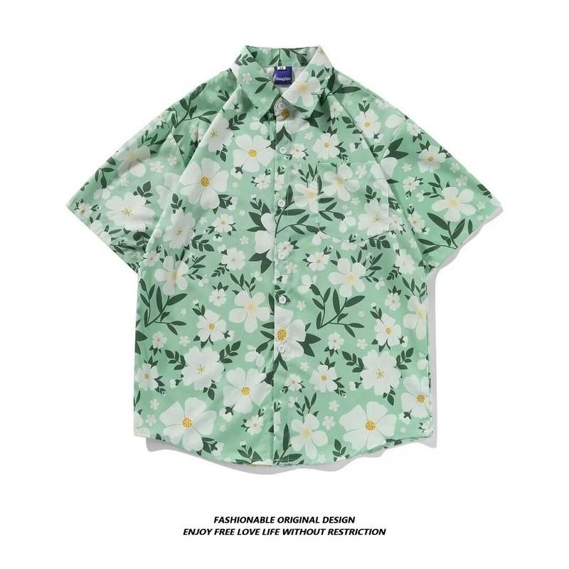 

Летняя мужская гавайская рубашка с коротким рукавом в корейском стиле, пляжные рубашки с цветочным принтом, дизайн хризантемы, повседневные топы на пуговицах, винтажная курортная одежда, зеленый цвет