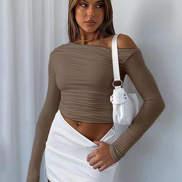 YYFS Moda Donna Casual Primavera Autunno Tinta Unita Stampa Manica Lunga Scollo Obliquo Bluse e Camicie