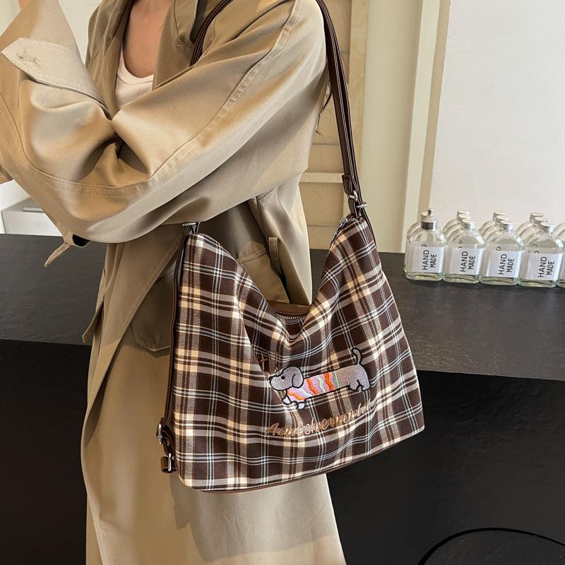 Large Capacity Backpack Women's Commuter Bag Plaid Tote Bag Cartoon Dog Shoulder Bag