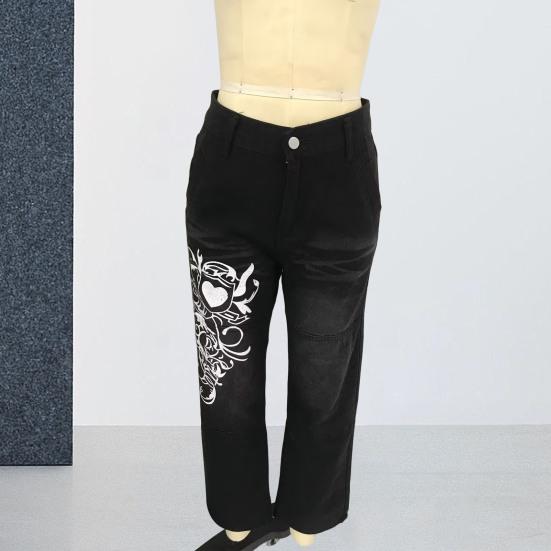 Women Jeans Mid Waist Irregular Individual Printing Retro Style Straight Wide Leg Patchwork Full Length Trousers for Vacation Travel