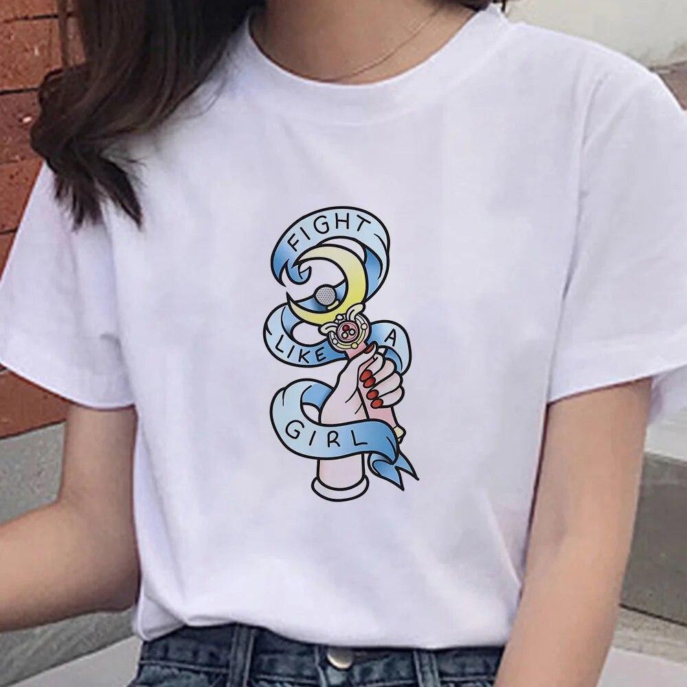 Cartoon Anime Sailor Graphic Moon Print 100 % Baumwolle T-Shirt Mode Goth Girl Kleidung Kurzarm Übergroßes Unisex Frauen T-Shirt Unisex