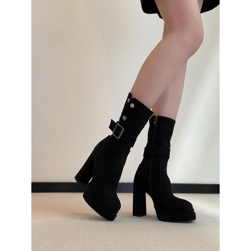 Small Super High Heel Waterproof Table Small Short Boots Women's Retro Belt Buckle Side Zipper Elastic Thin Boots