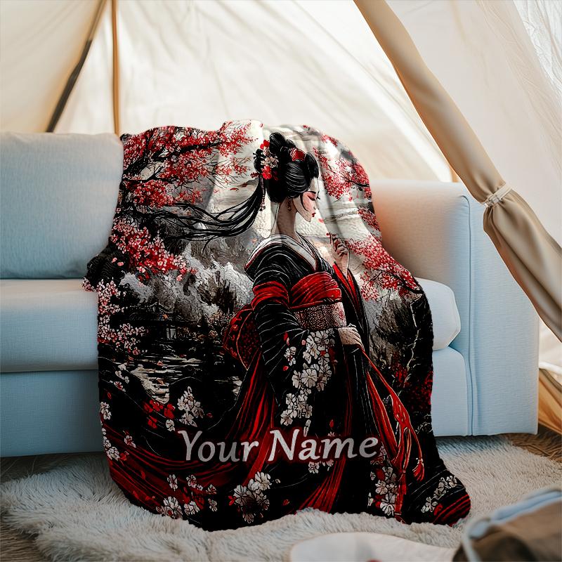1PC Custom Name Geisha Cherry Blossoms outdooor Flannel blankets Throw Blanket All-Season Throw Gift Bedspread for Couch, Bed, Camping Holiday Birthda