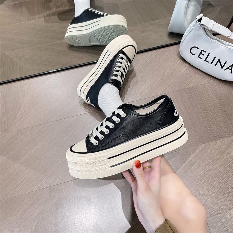 Women's 2023 Spring Genuine Leather White Platform Sneakers - All-Match Round Toe, Thick-Soled Sports Casual Shoes