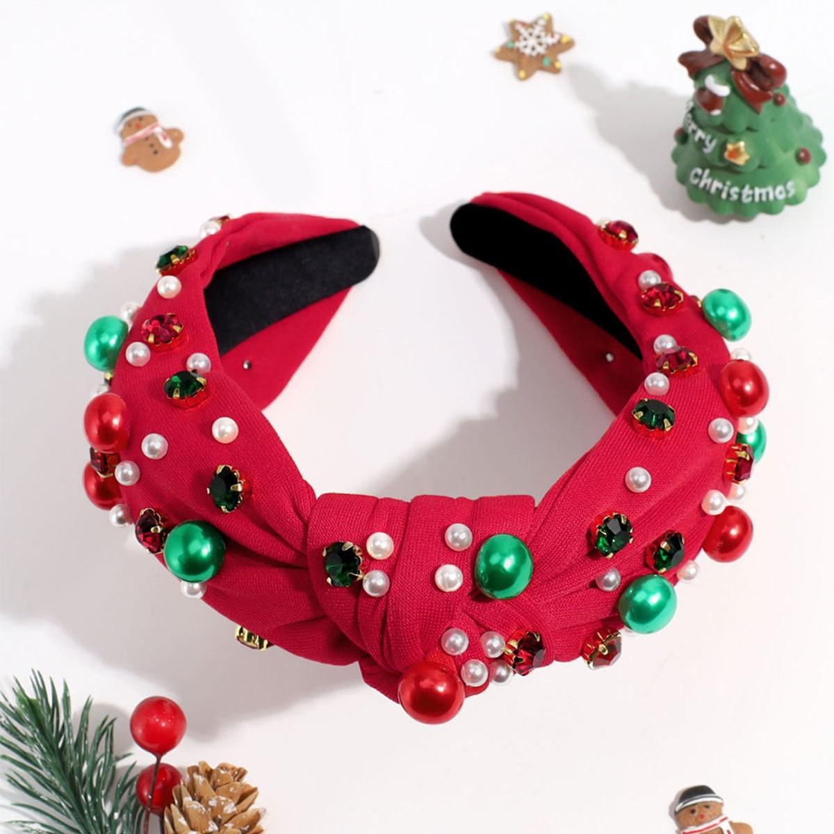 European American Style Cross-Border Christmas Headband Wide Edge Rhinestone Pearl Hair Hoop High Skull Top Santa Claus Hairband красный