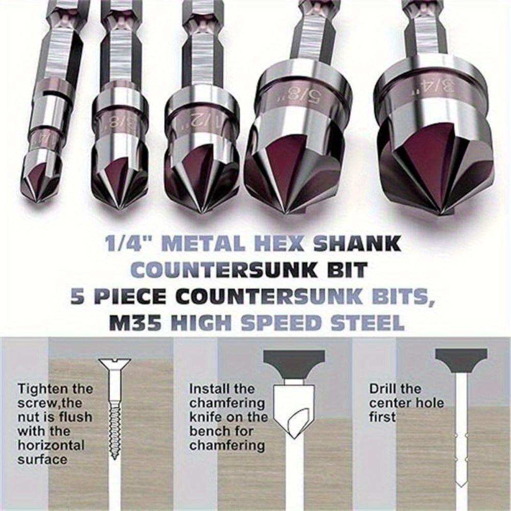5Pcs Countersink Drill Bit Set M35 5 Flute Countersunk Drill Bit HSS 82-Degree Hex Shank 1/4'' To 3/4'' For Wood Metal