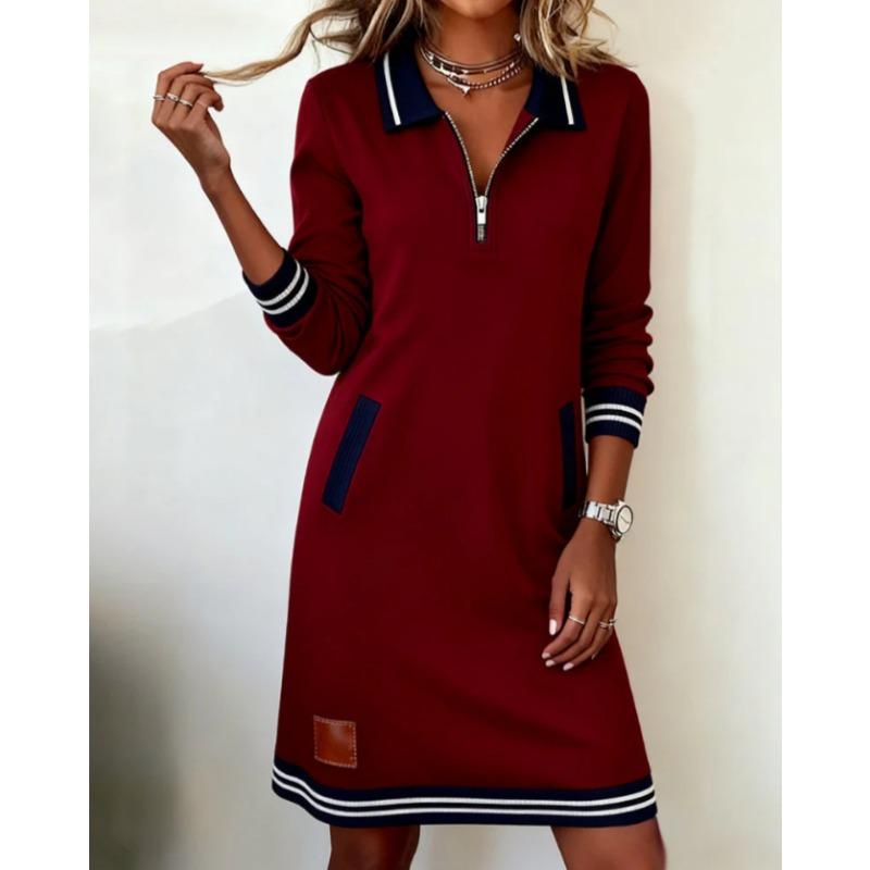 Women S Casual Long Sleeve Turn Down Collar Color Block Dress With Zipper Pocket