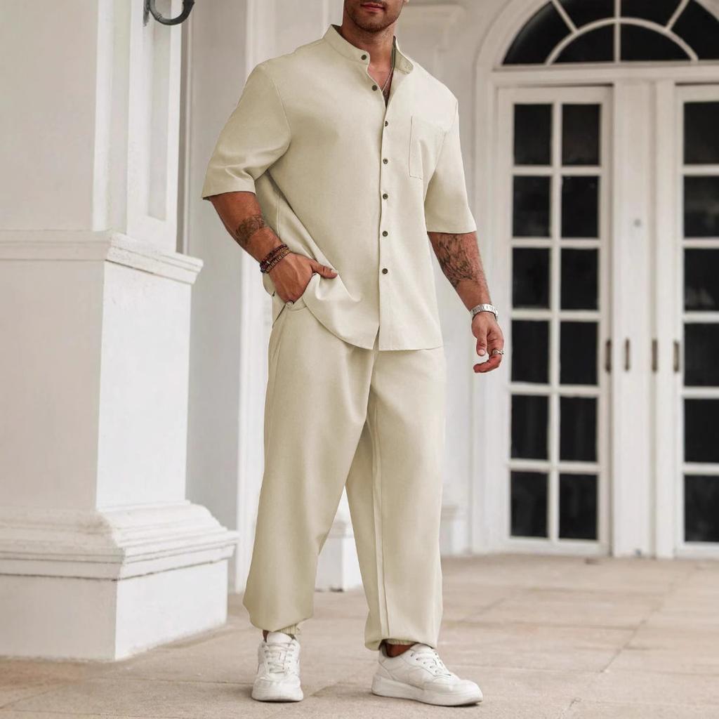 Men's Cotton and Linen Casual Button Up Shirt, Short Sleeved Pants, Solid Color Casual Suit