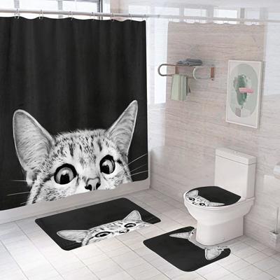 Cartoon Katze Duschvorhang Set Tier Schwarz Wasserdicht Bad WC-Deckel Sitzbezug Bad Anti-Rutsch-Matte Teppich Badezimmer Deko Abdeckung
