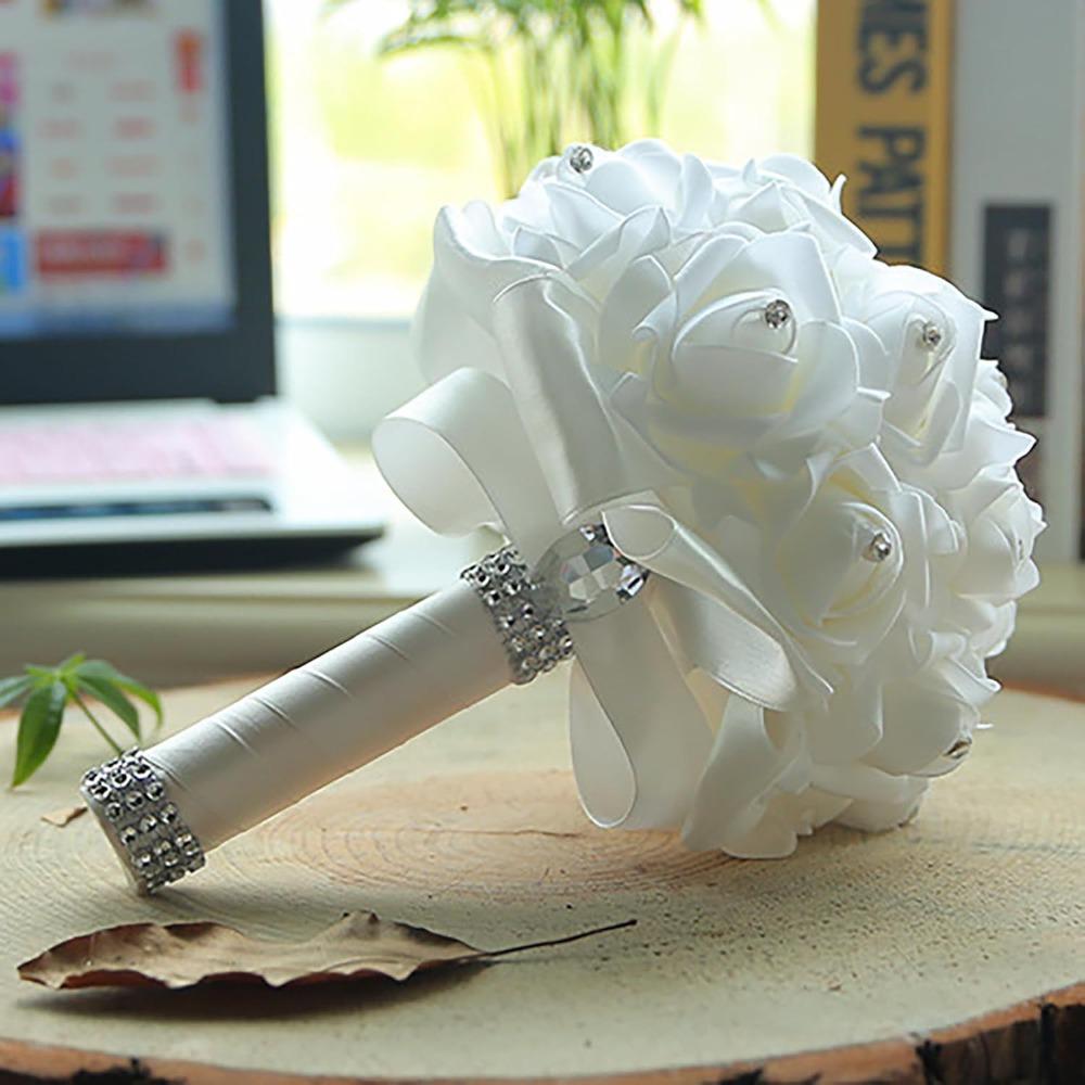 Bridal Wedding Bouquet, Wedding Bride Crystal Diamond Silk Rose Bouquet, Bridal and Bridesmaid Wedding Hand Bouquet (white, 2 Pieces)