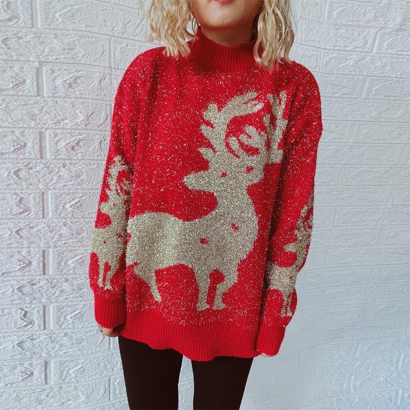 Autumn and Winter New Christmas Sweater Women's Pullover Gold Thread Pulled Hair Jacquard Large Snowflake Elk Christmas Sweater Woman