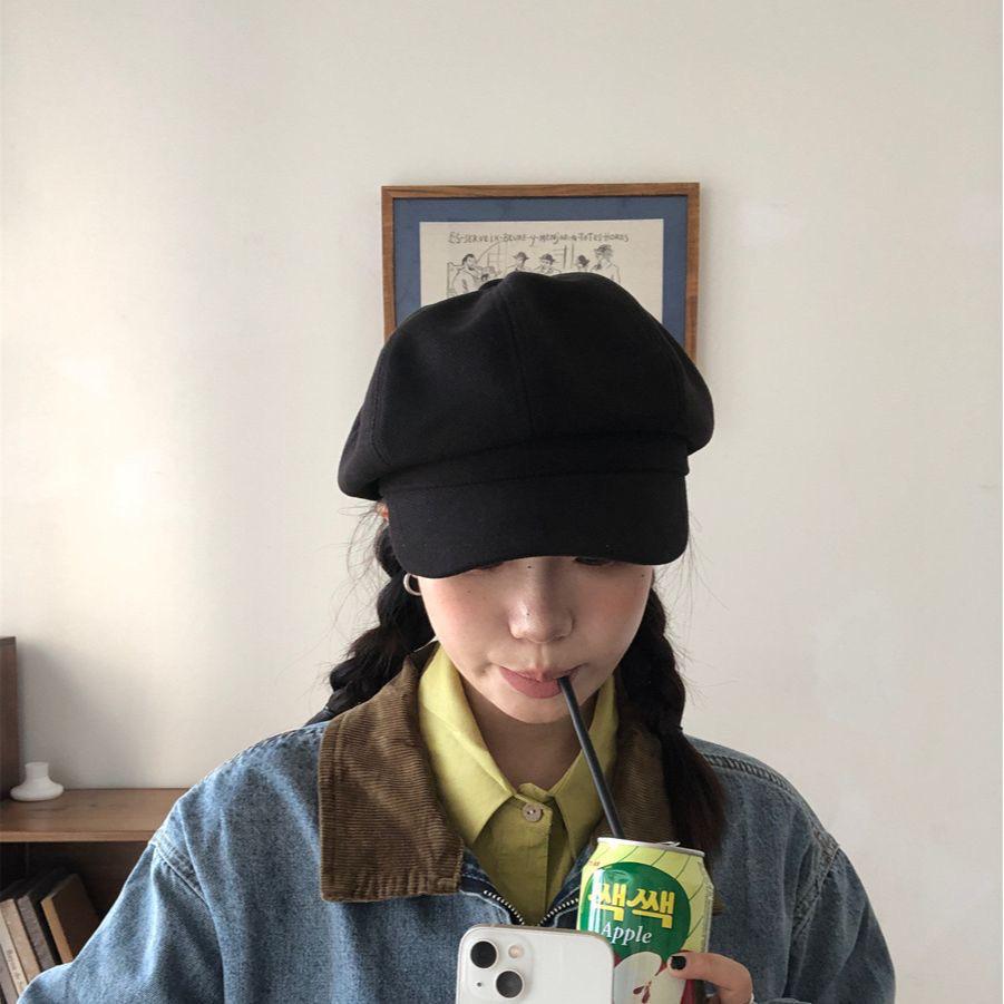Suede Women's Trendy Korean-Style Octagonal Beret: Versatile, Retro, Warm with Short Brim for a Small-Faced Look.