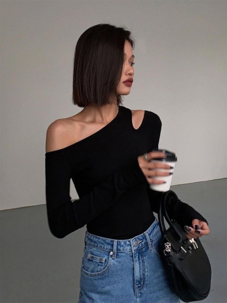 Black One-Shoulder Bodycon Long-Sleeve Top for Women – Sexy, Versatile, Shoulder-Baring Clavicle Design for Autumn