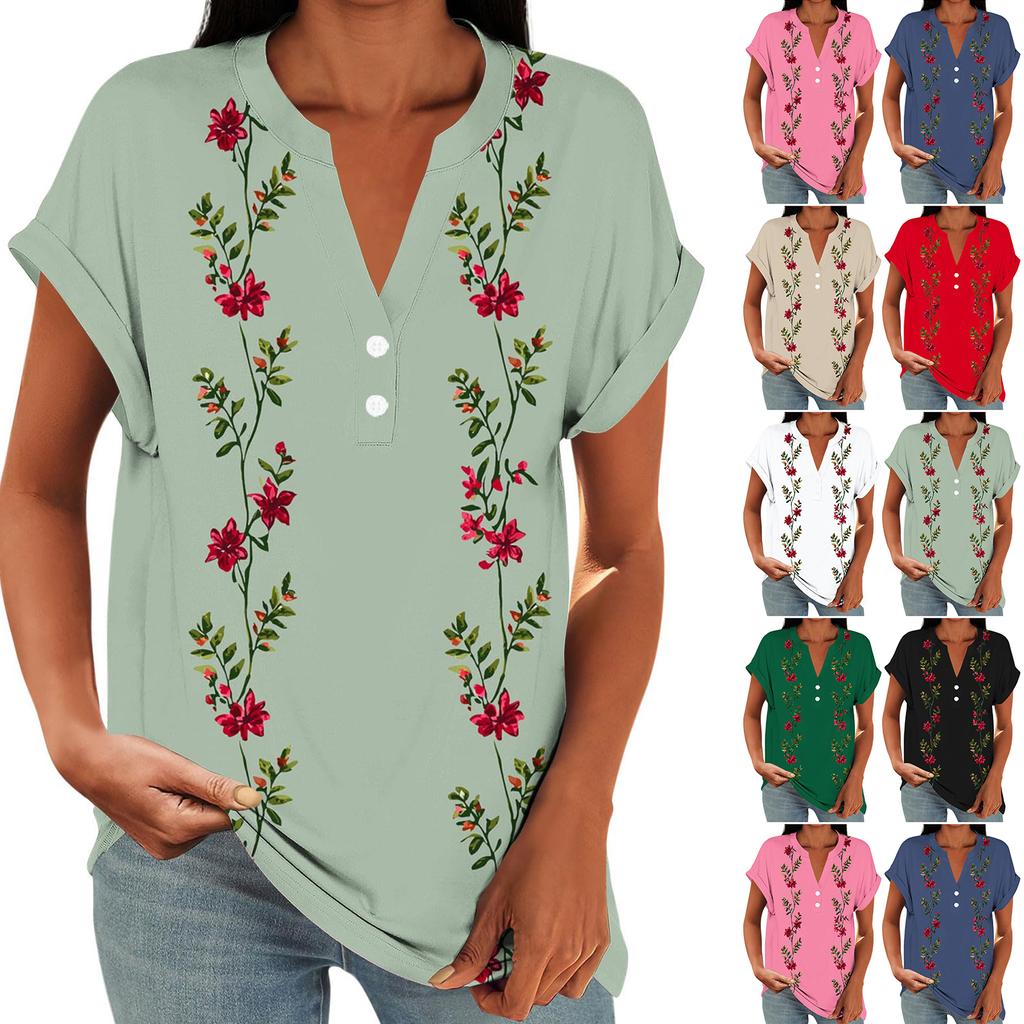Women Casual Loose Fit Short Sleeve V Neck Button Floral Print Top Lightweight Summer Blouse