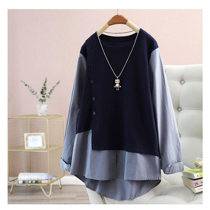 Plus Size Women S Long Sleeve Loose Fake Two Piece Casual Shirt