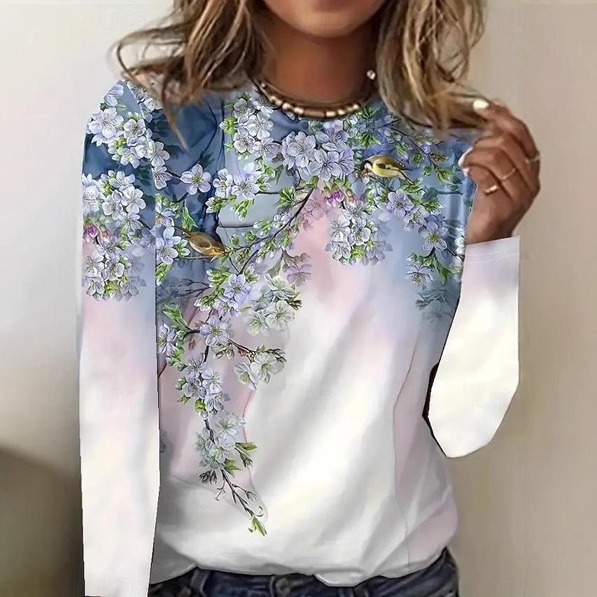 Women's Floral 3D Print Long Sleeved Top Spring and Autumn Round Neck Fashionable Casual T-shirts