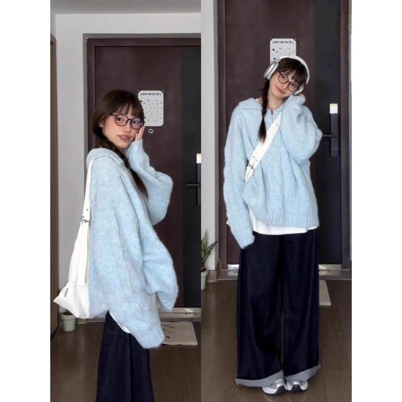 

Baby Blue Soft Glutinous Loose Knitting Top Pullover Blue S [Suggested 37.50 kg-45.00 kg]]