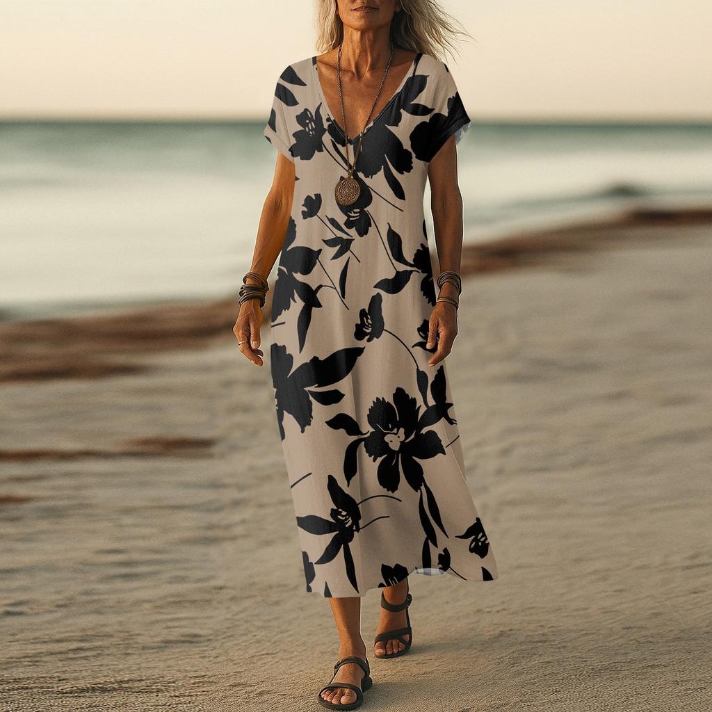 Summer Dress Women's Long Boho Beach Dress Elegant Maxi Dress V-Neck Short Sleeve Summer Tunic Dress Light Airy