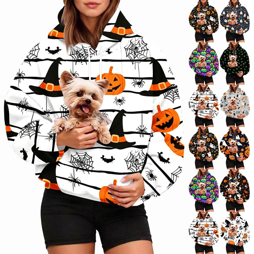 Women's Fashion Halloween Print Hoodie with Pet Pocket, Casual Pullover Sweatshirt for Fall