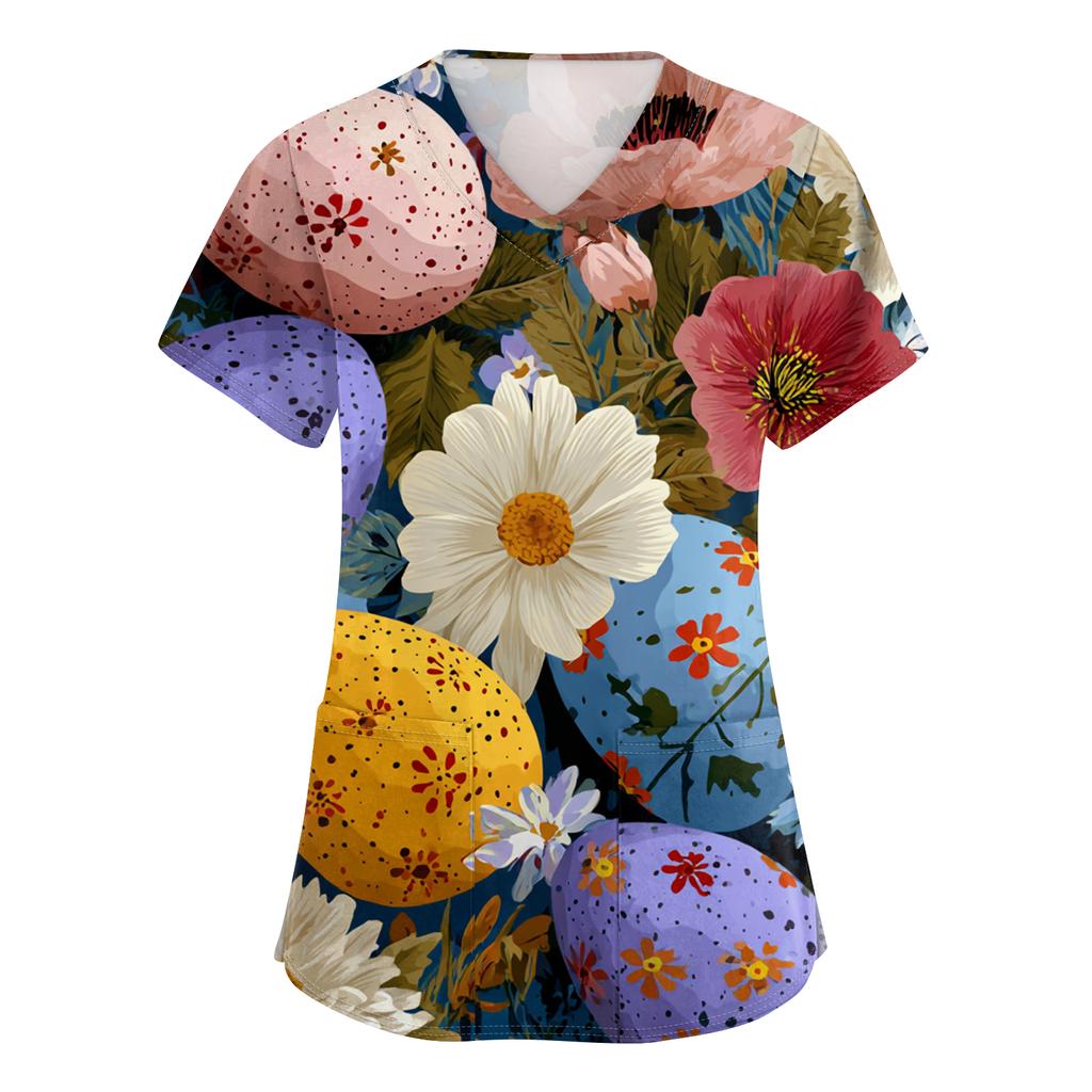 Damenmode V-Ausschnitt Kurzarm Arbeitskleidung Mit Taschen Osterdruck Oberteil Pflegekraft Uniform