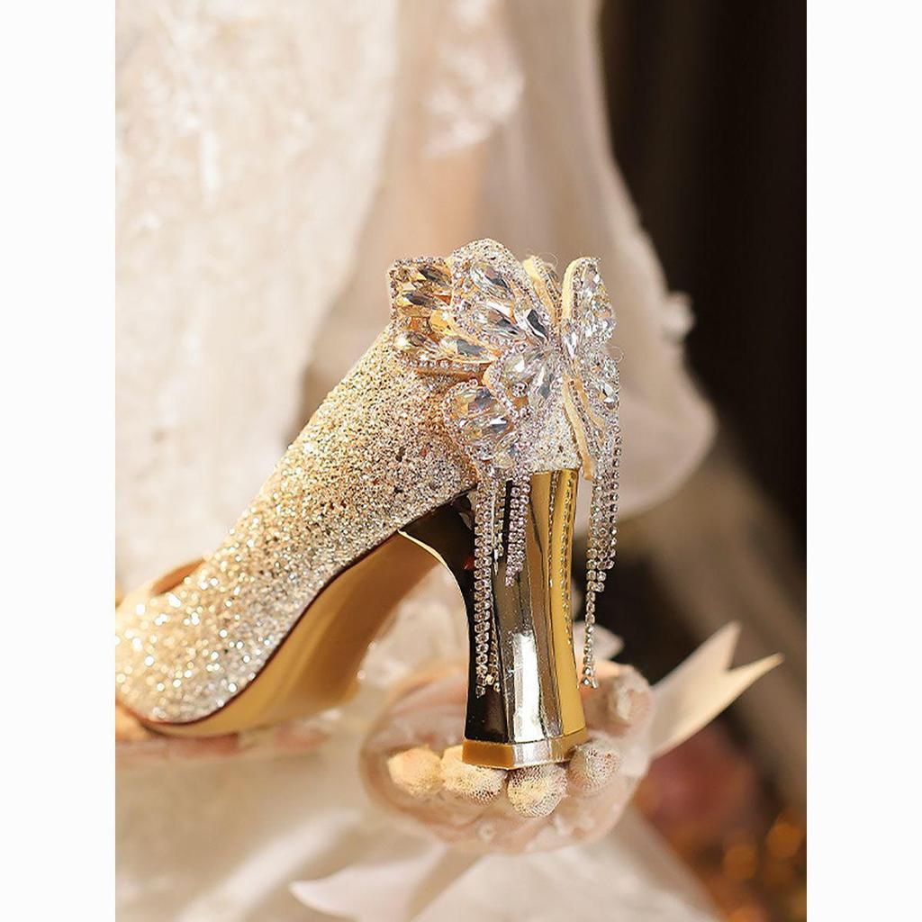 Sparkly French Butterfly Tassel Rhinestone High Heels - Women's Pointed Toe Chunky Heel Wedding & Evening Shoes