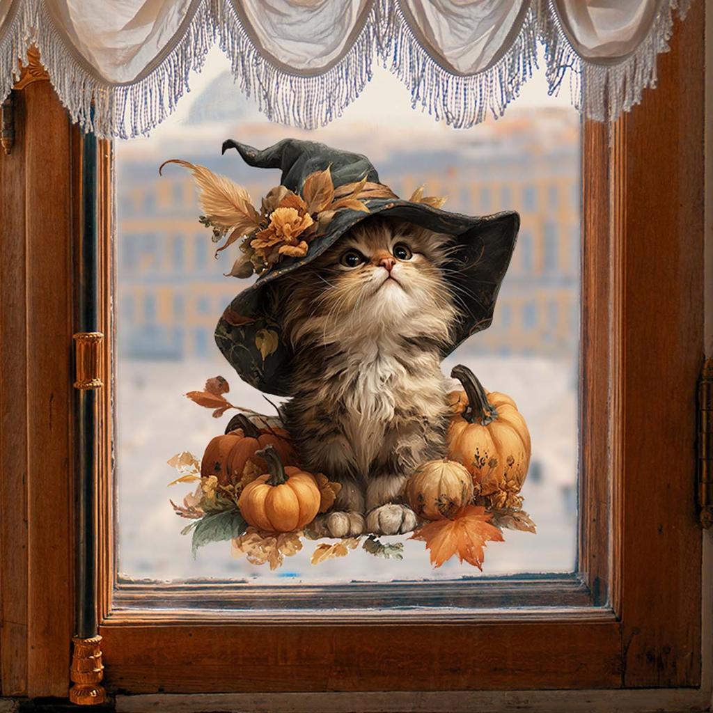 Retro-style Autumn Cat Window Sticker with Warm Elements. Self-adhesive and Seamless Sticker.