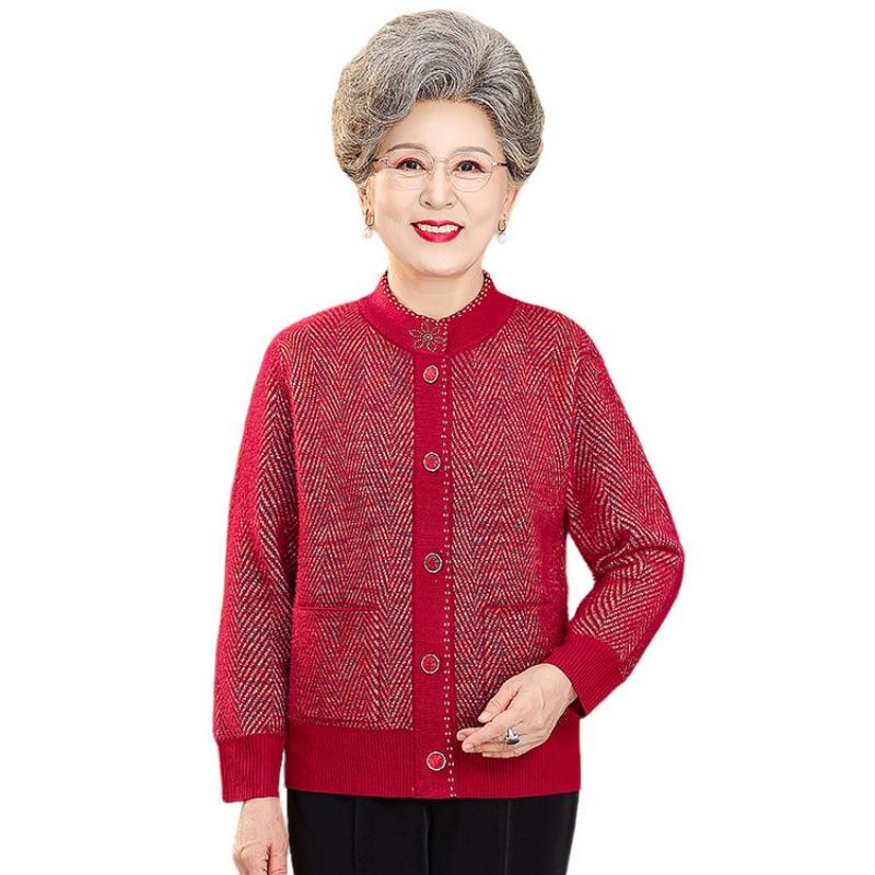 Medium Elderly Loose Casual Crew Neck Jacket Grandma Sweater Cardigan Mom Knitted Sweater Old Lady Clothes Women's
