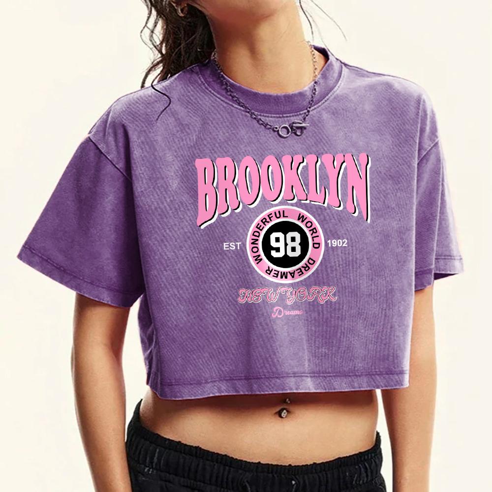 Brooklyn  Wonderful World Dreamer Prints Women Washed Slim T-Shirt Summer O-Neck T Shirts Fashion Retro Crop Top