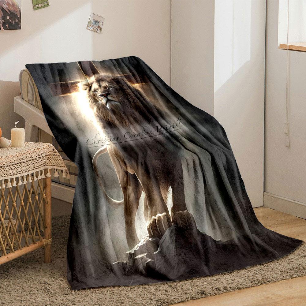 Lion Cross Religious Blanket  Printed Blanket for Living Room Bed Couch lunch break Soft Cozy Blanket for Friend's festival Gift