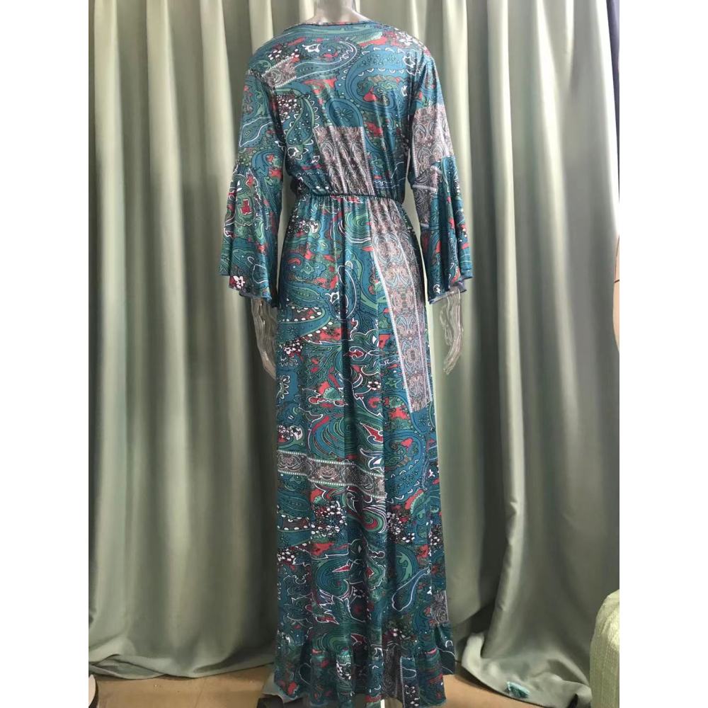 Langes Urlaubskleid im Bohemian-Stil mit Glockenärmeln, V-Ausschnitt und hoher Taille für Damen