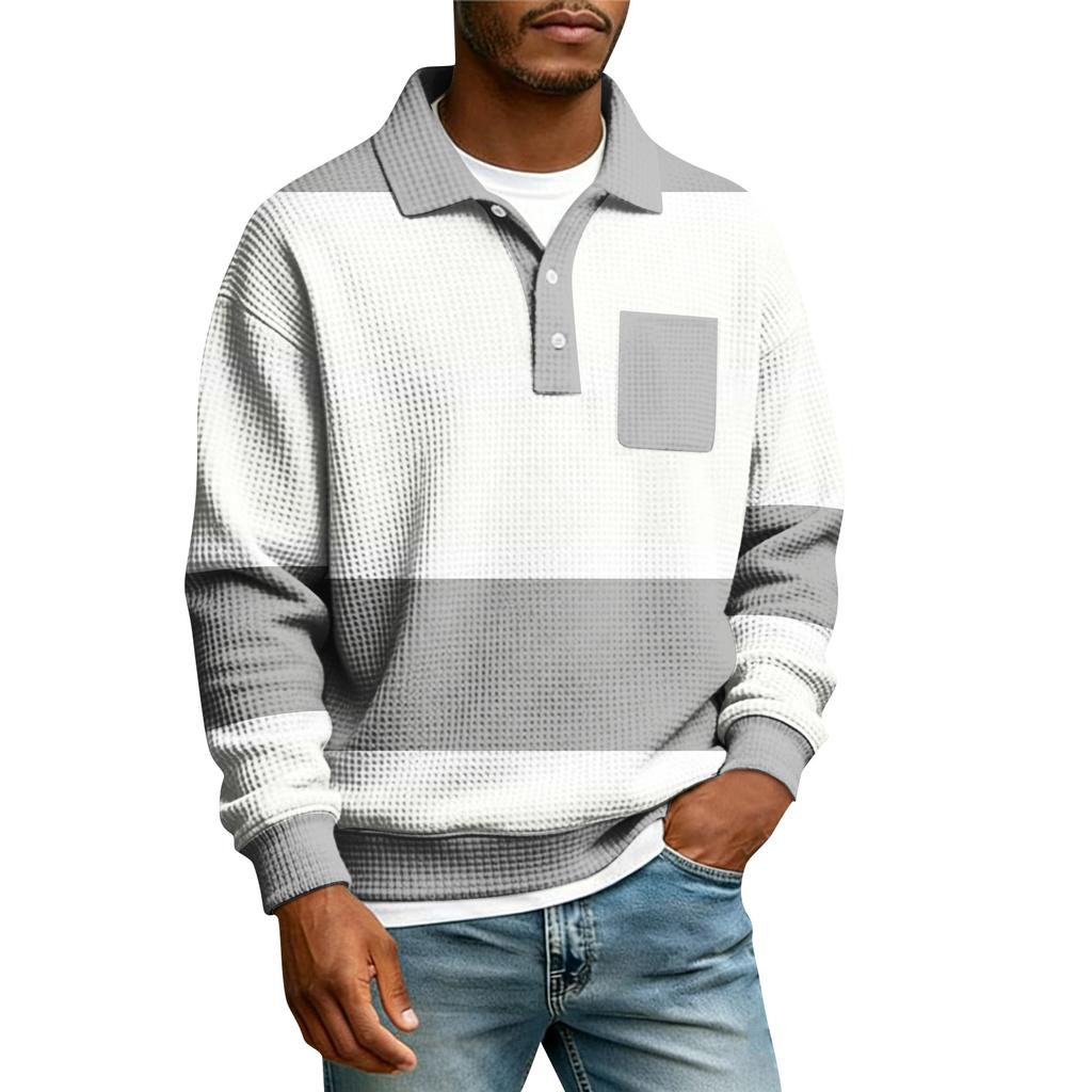 Men's Striped Single Breasted Long Sleeved Shirt With Collar And Pockets  Casual Sports T-shirt