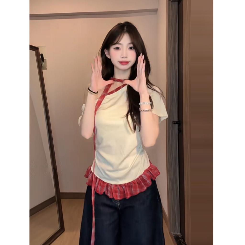 Summer Sweet Babes Retro Plaid Splicing Chic Short Sleeves Fashion Waist Thin Versatile Small Top Women