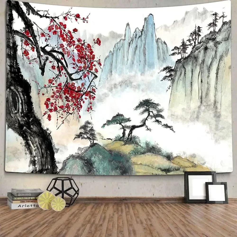 Japanese Mountains And Cherry Blossom Tapestry Sakura Village Aesthetic Art Bedroom Wall Hanging Anime Landscape Tapestry